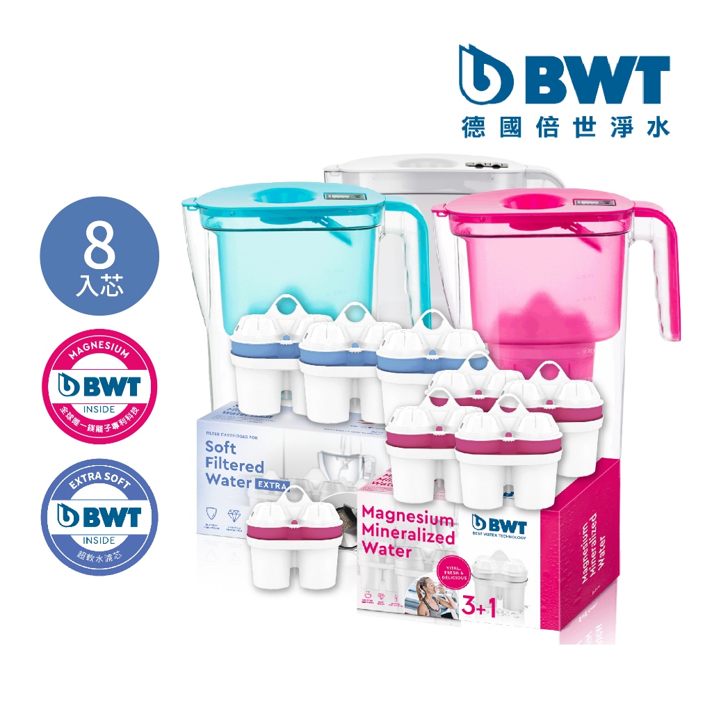 【BWT 德國倍世】健康濾水壺- VIDA 2.6L 樂樂濾水壺 1壺8芯 軟水離子濾芯*3 + 鎂離子濾芯*5