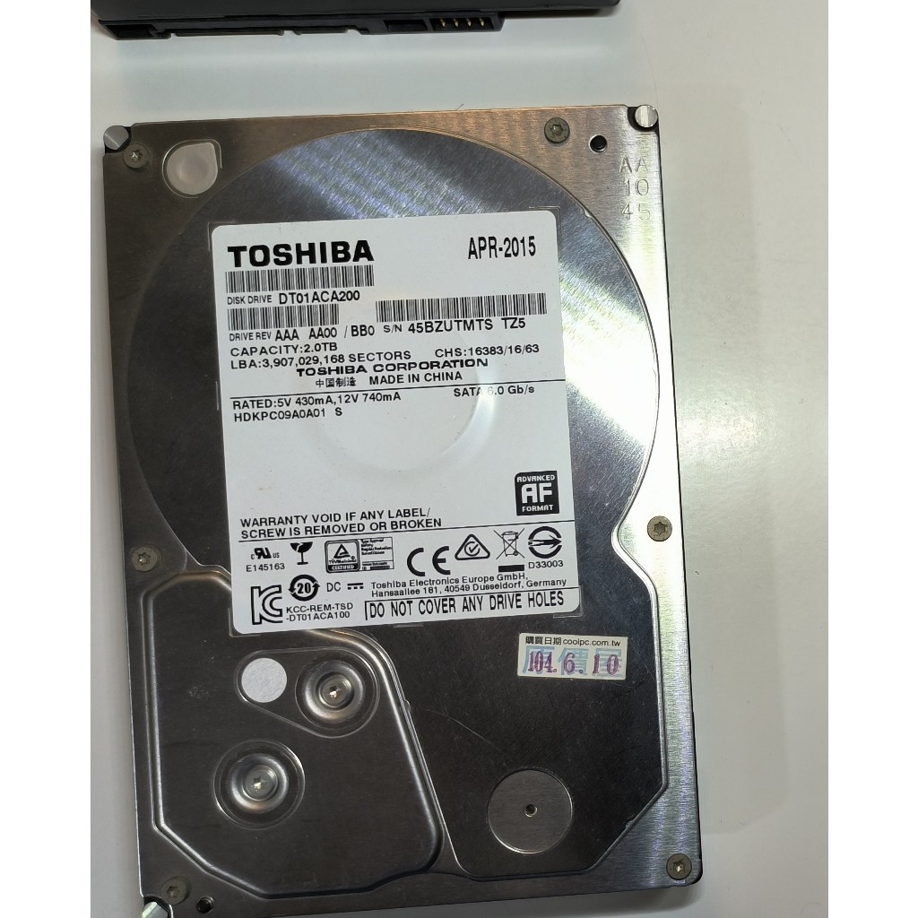 Toshiba 東芝DT01ACA200 2TB  SATA3 硬碟 報帳用