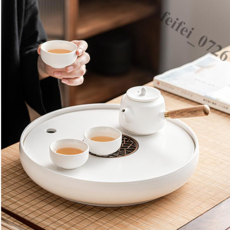 【即美生活】免運 粗陶茶盤家用茶海瀝水盤陶瓷圓形儲水盤輕奢高檔干泡茶台茶具托盤