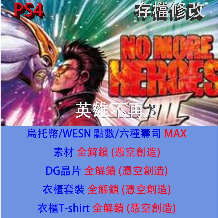 【 PS4  】英雄不再 3 專業存檔修改 No More Heroes 3 金手指