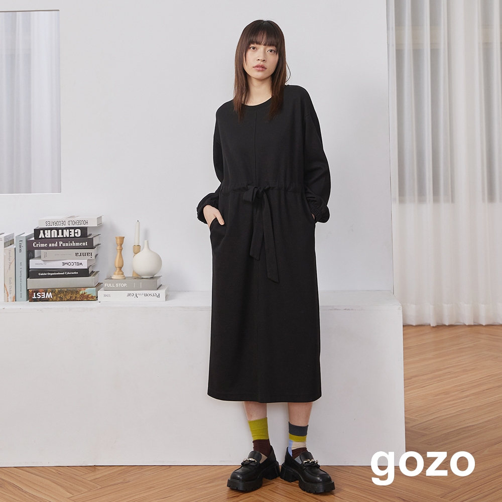 【gozo】鳳梨紋綁帶針織長洋裝(灰色/黑色_F) | 女裝 修身 休閒