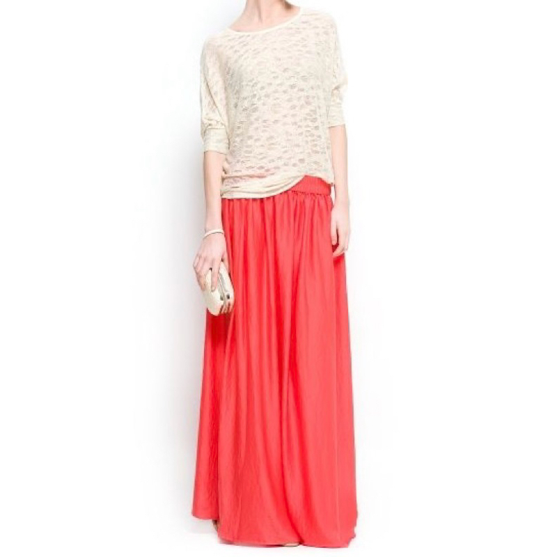 🎀全新西班牙MANGO專櫃真品🎀珊瑚紅色柔軟光澤皺痕效果絲質長裙