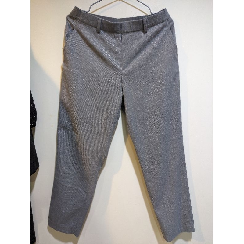 二手Uniqlo灰色鬆緊褲頭雙口袋直條紋西裝長褲