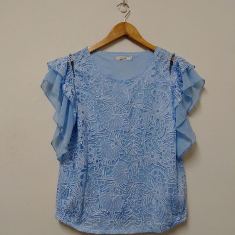 Hsingo水藍色袖口造型花朵圖案無袖上衣XL號