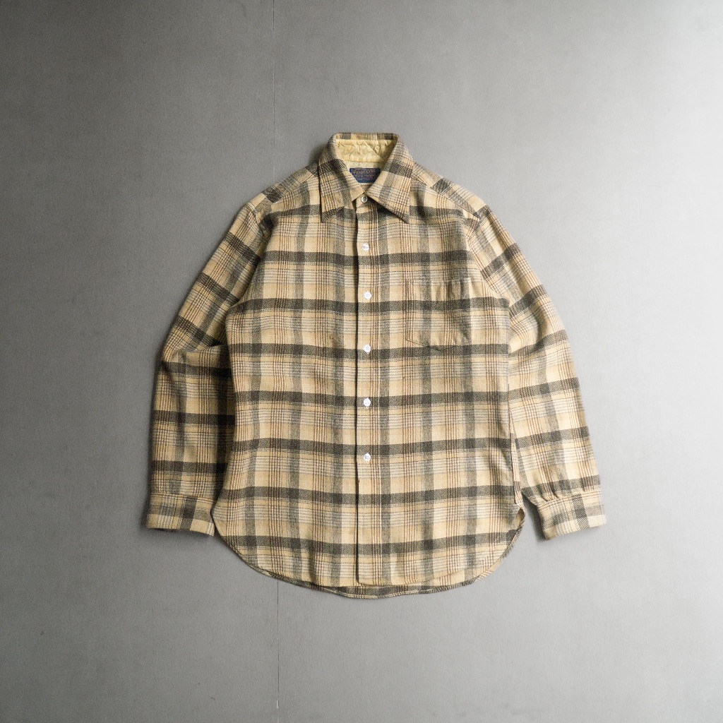 《白木11》 70-80S PENDLETON WOOL LODGE SHIRT 美國製 卡其色 格紋 羊毛 長袖 襯衫