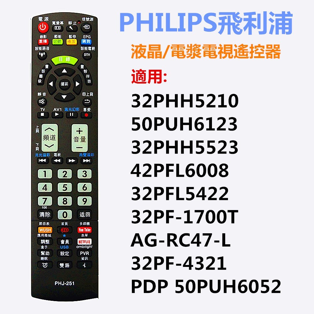 PHILIPS飛利浦 HITACHI日立 JVC(WUSH系列)液晶電視遙控器PHJ-251 適用32PHH5210