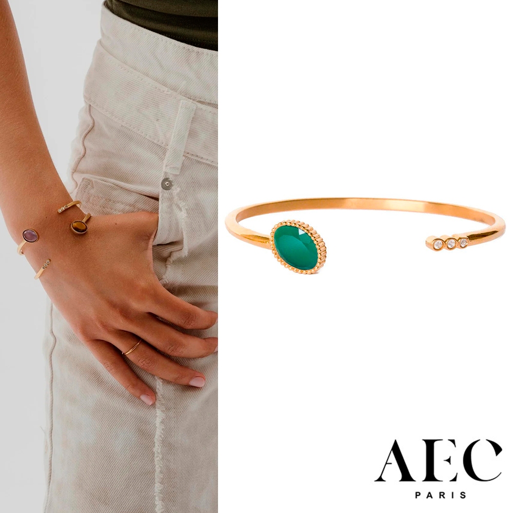 AEC PARIS 巴黎品牌 白鑽綠瑪瑙手環 可調式簡約金手環 BANGLE BOLINA