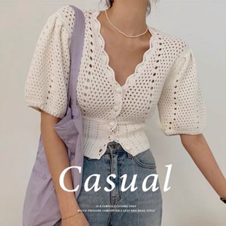 MUMU【T33548】Cindy+現貨 法式V領收腰設計短版針織上衣 針織 外套 寬鬆 慵懶風 針織衫 保暖 女裝