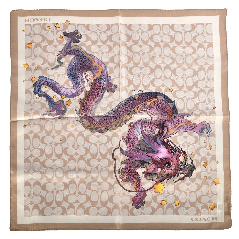 COACH蓮羊彩繪龍年限定經典C紋真絲方巾58cm(卡其)190989