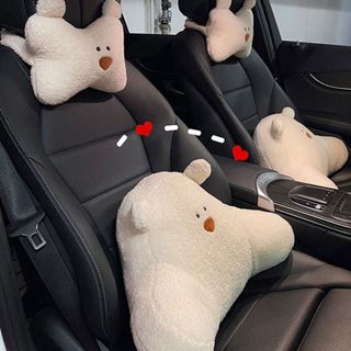 汽車頭枕 車用護頸枕 女創意卡通可愛毛絨靠枕 車載座椅小熊腰靠抱枕