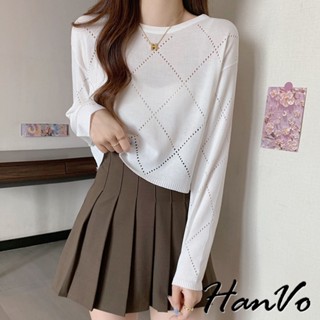 【HanVo】優雅薄款菱網格針織短版上衣 透氣鏤空圓領防曬罩衫 韓系女裝 女生衣著 A02-0143