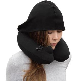 二手近全新 Travelmall 專利 3D 按壓式充氣連帽枕 黑