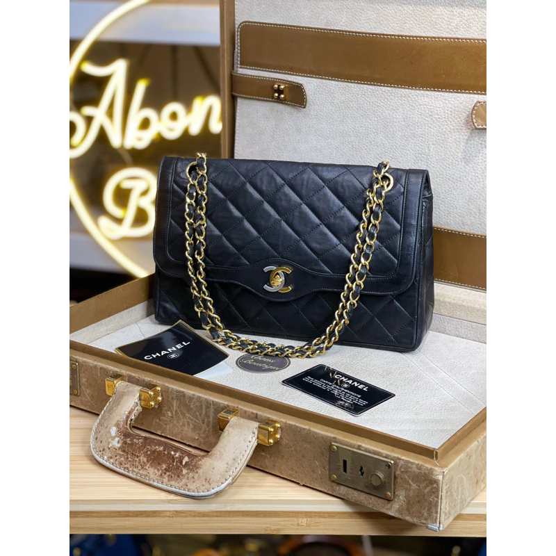 在台現貨 CHANEL vintage巴黎限定款金銀釦經典口蓋包25cm🖤老香經典貨色