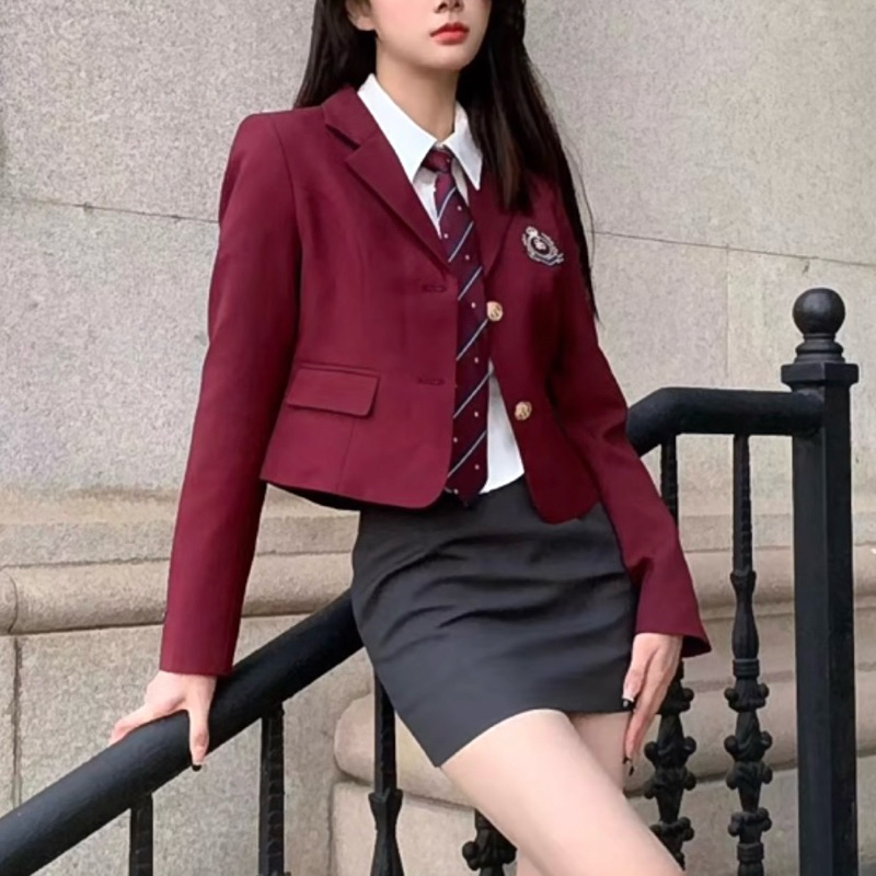 二手 韓系女高中生制服外套 紅色 金色金屬釦