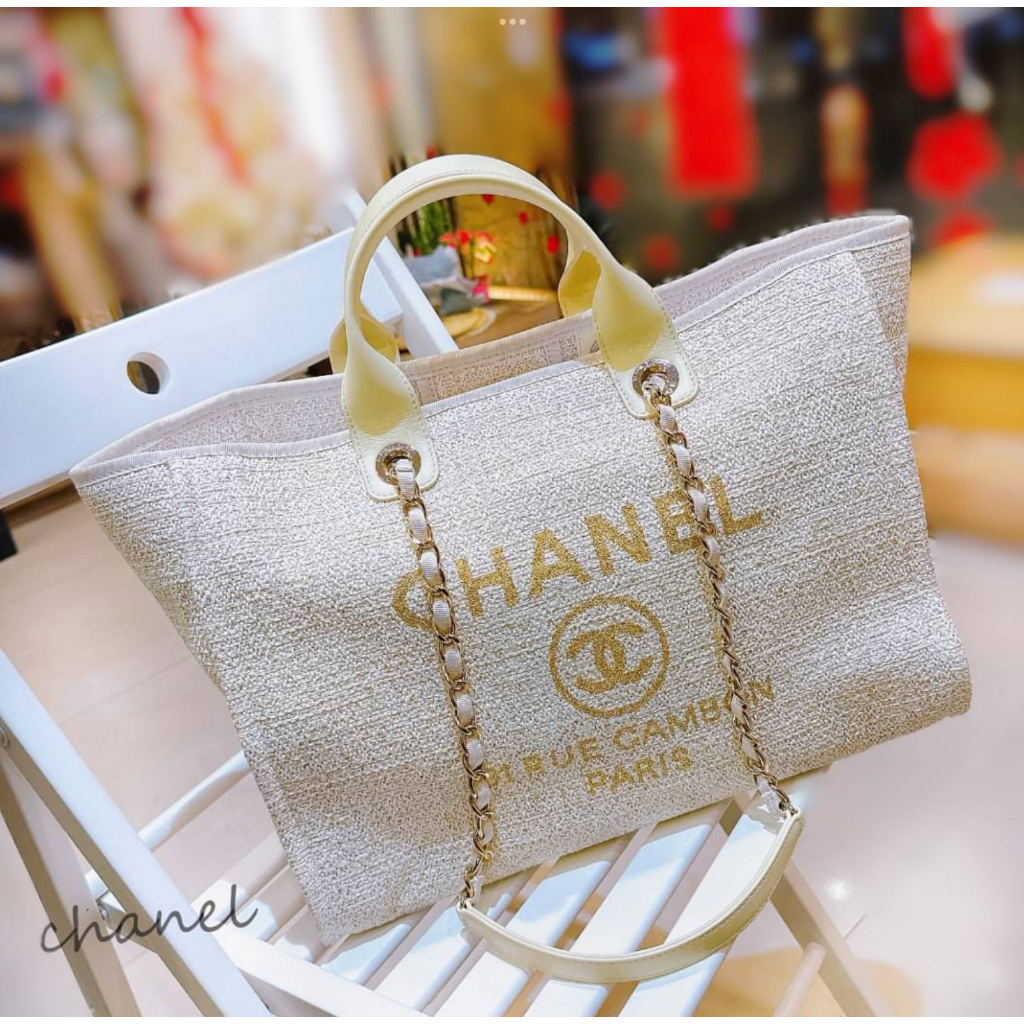 二手旗艦 CHANEL 米白色 金鏈 鍊包 沙灘包 手提包 肩背包 兩用包(中友店)