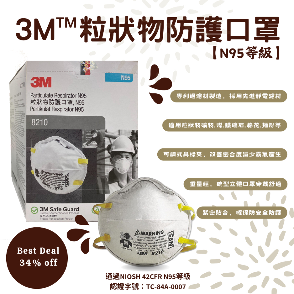 3M™粒狀物防護口罩【N95等級】8210(20個/盒)頭戴式碗型防護口罩 研磨 粉塵 木屑 粒狀物汙染【史賓賽】