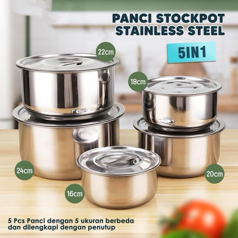 Panci Baskom 5in1 Stock Pot Stainless 5件套多功能盆蒸蛋不鏽鋼碗內膽鍋盆鍋套