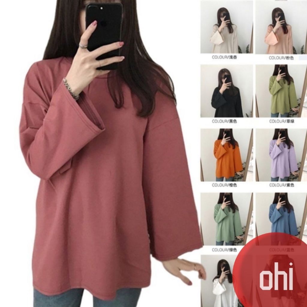 【ohi】大尺碼韓版基本款百搭喇叭袖寬鬆oversize長版長袖T恤 長袖上衣 素色顯瘦學生上衣(GTH358)