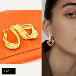 SHASHI 紐約品牌 Lynx 立體緞帶耳環 波浪造型金色耳環
