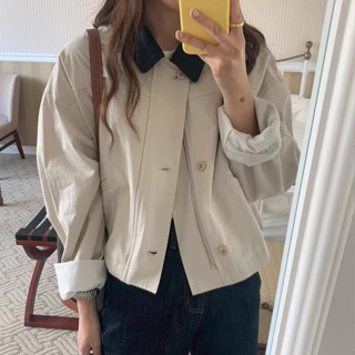 時髦女孩pick🧈 韓版奶油撞色翻領工裝短外套（2色）女裝 短版外套 風衣 棒球外套