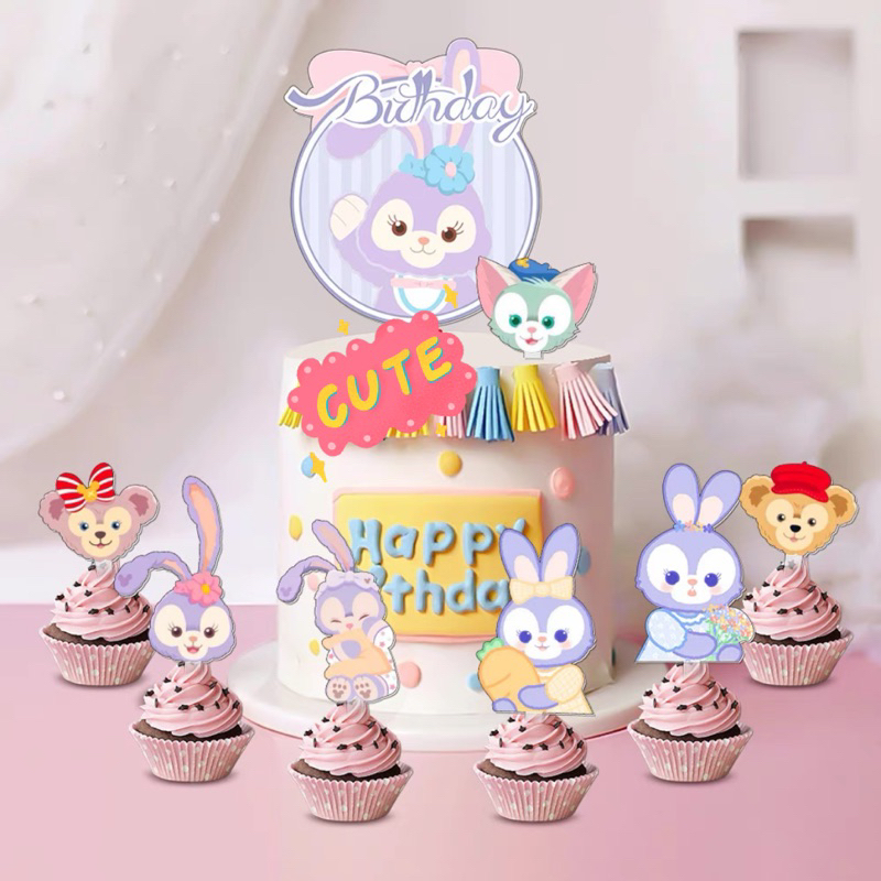［米菲兒］現貨！史黛拉、達菲熊、雪莉玫 紫色兔子蛋糕插牌 /派對裝飾生日蛋糕甜品蛋糕裝飾插件