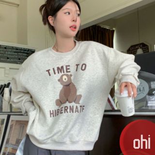 【ohi】休閒寬鬆長袖上衣女 2色可選大學T 小熊圖案卡通長袖衛衣加絨刷毛圓領(GTD180)