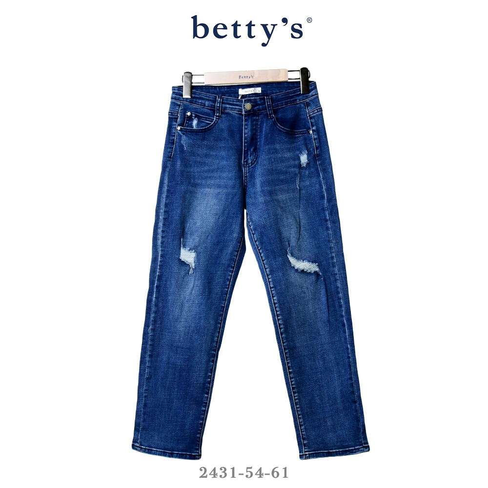 betty’s專櫃款-魅力(41)水洗刷破直筒彈性牛仔褲(藍色)
