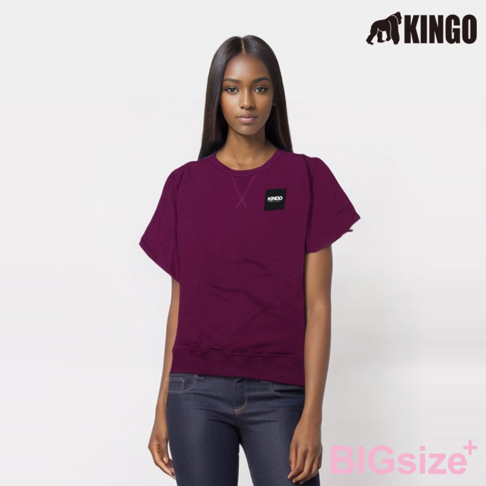 KINGO-大尺碼-女款 重磅圓領T恤-黑/紫-444101