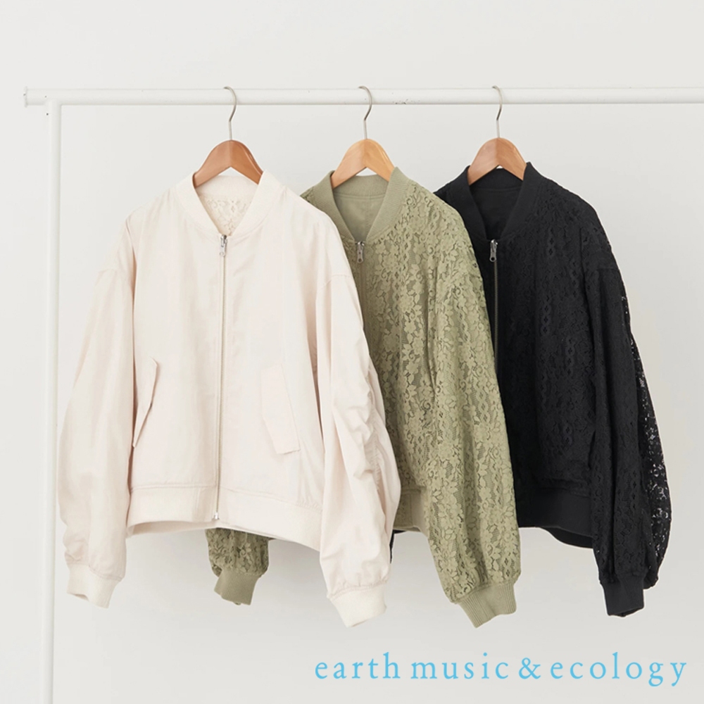 earth music&ecology 2WAY雙面穿花朵蕾絲袖抽皺MA-1夾克外套(1L41L0Y0200)