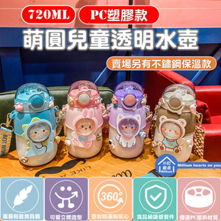 【臺灣現貨】【萌圓 可愛 兒童水壺】720ML 大容量 吸嘴 矽膠吸管套件 水壺 透明水壺 塑膠水壺 可愛 背帶