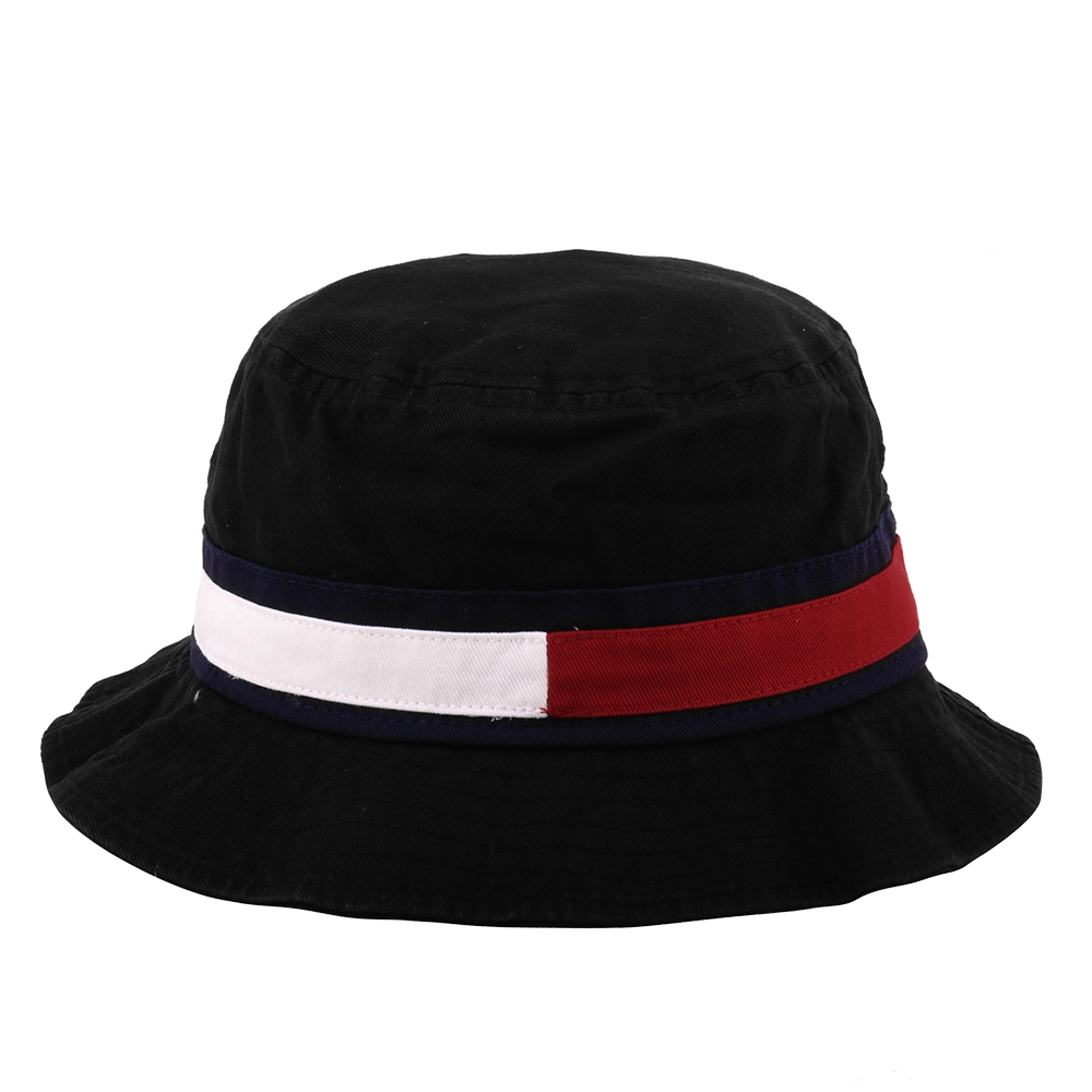 TOMMY HILFIGER-紅白槓條棉質漁夫帽(素面黑)L~XL