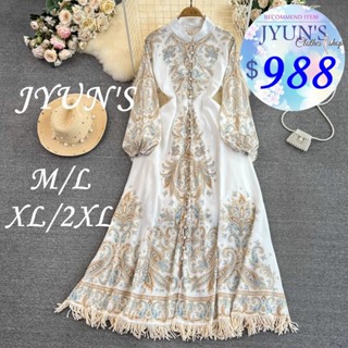 JYUN'S 春季新款復古宮廷風氣質立領顯瘦單排扣印花流蘇a字洋裝優雅長裙2色大尺碼M~2XL預購