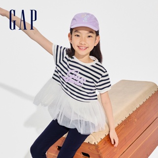 Gap 女童裝 Logo純棉印花圓領短袖T恤-藍白條紋(890373)