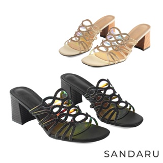 山打努SANDARU-拖鞋 曲線水鑽粗跟高跟涼鞋