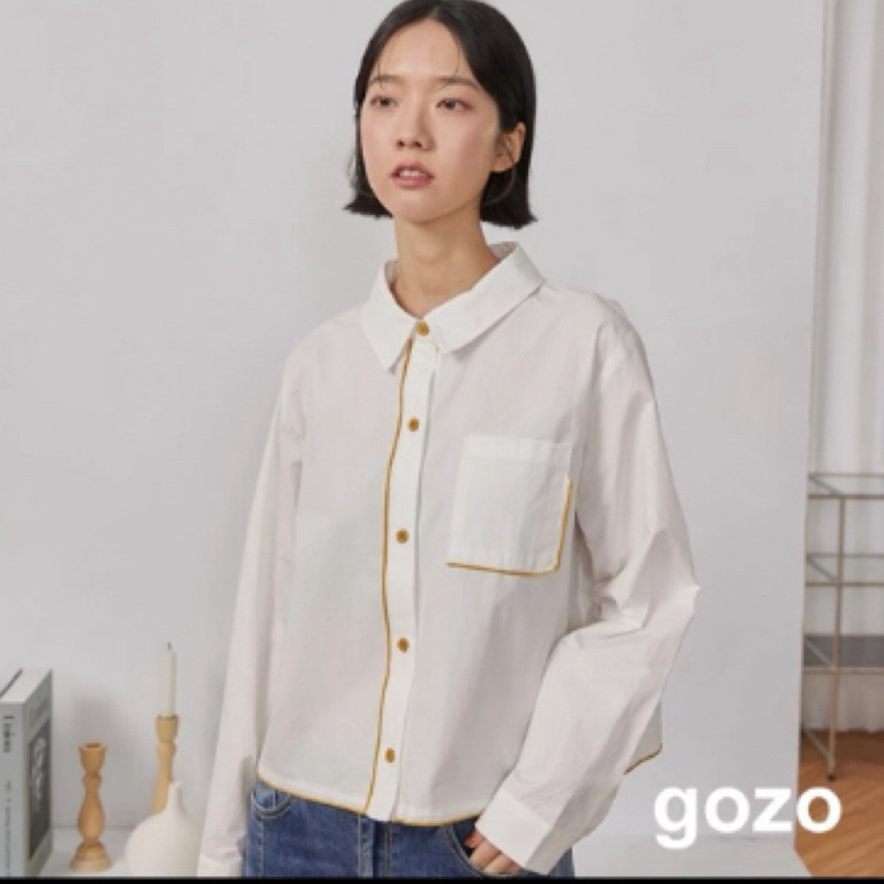 全新）【gozo】配色滾邊造型短版襯衫(白色F) 純棉 襯衫領 百搭 名牌襯衫 二手襯衫 二手上衣 二手服飾