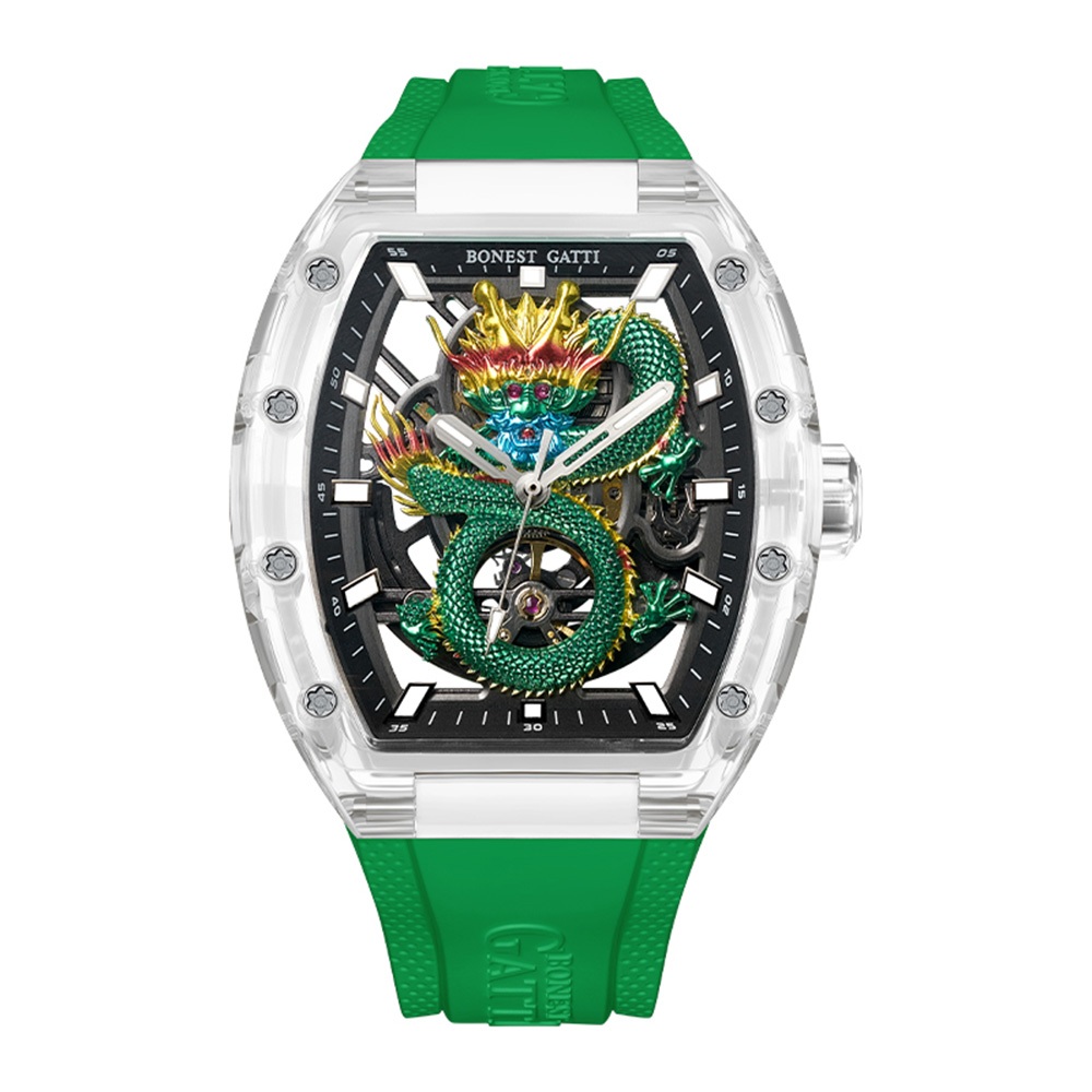 BONEST GATTI | 原廠授權布加迪 偉大傳奇系列 青龍款 龍年雕刻 酒桶造型 綠色氟橡膠錶帶 自動上鍊機械錶