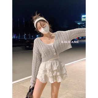 KIKIFAME🍬🤍韓妞甜美V領麻花針織上衣 蛋糕裙 針織衫 開衫 長袖針織 排扣針織 針織外套 短裙 套裝