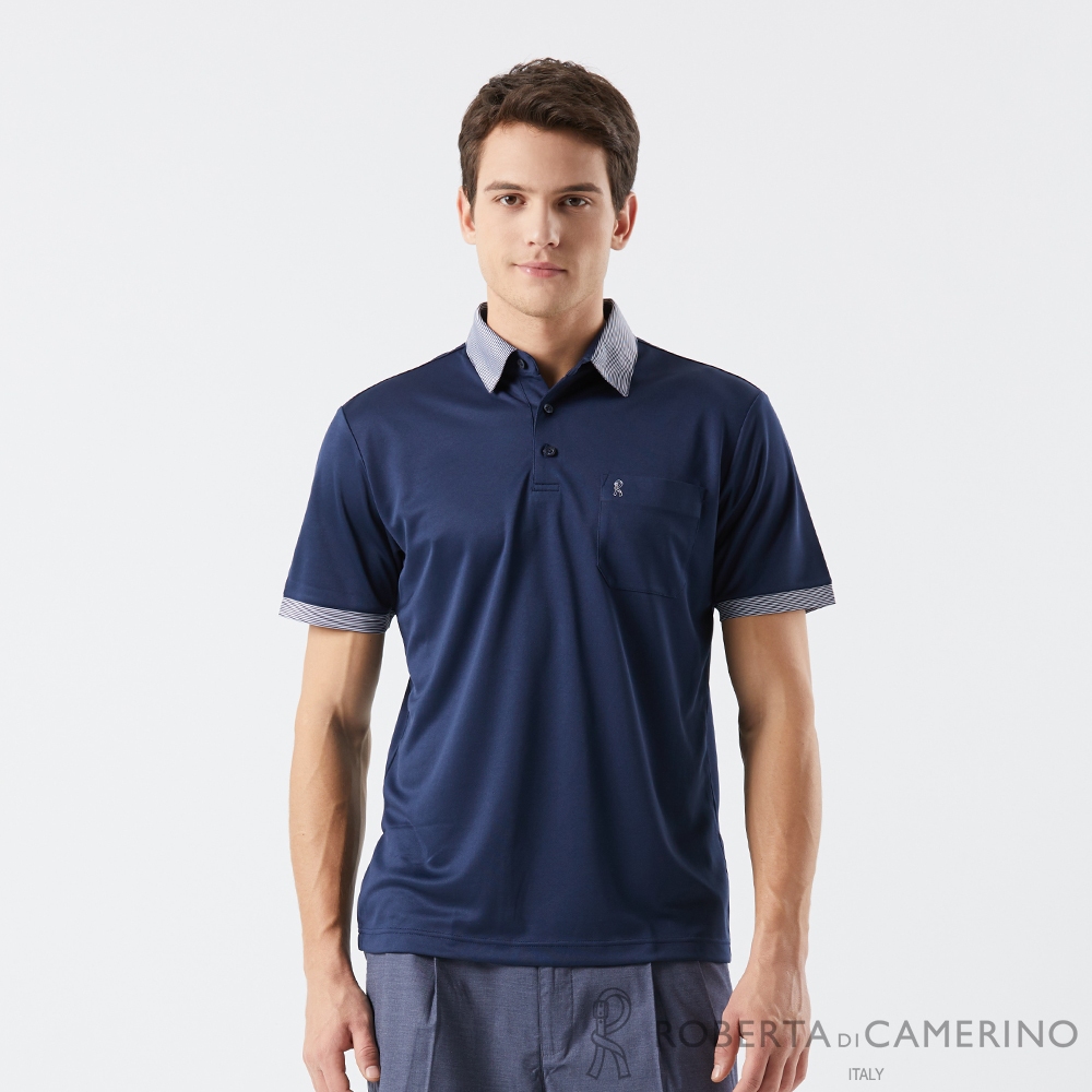 【ROBERTA 諾貝達】男裝 條紋飾邊短袖POLO衫-深藍(舒適透氣) KAM45-39