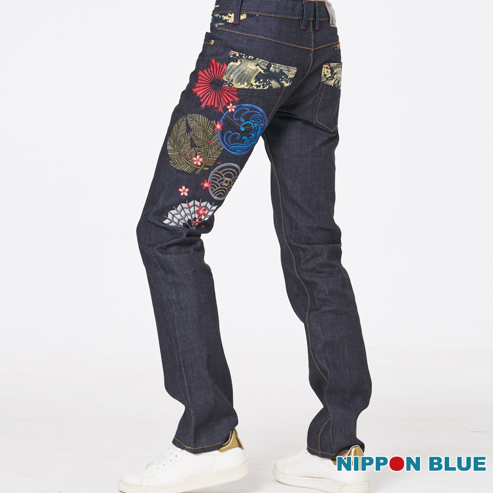 BLUE WAY 日本藍 - 男款 五輪之卷側刺繡低腰丹寧直筒褲