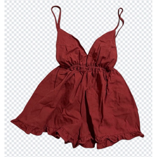 夏日的洋裝 暗紅色 荷葉邊洋裝 短褲洋裝 吊帶褲裙