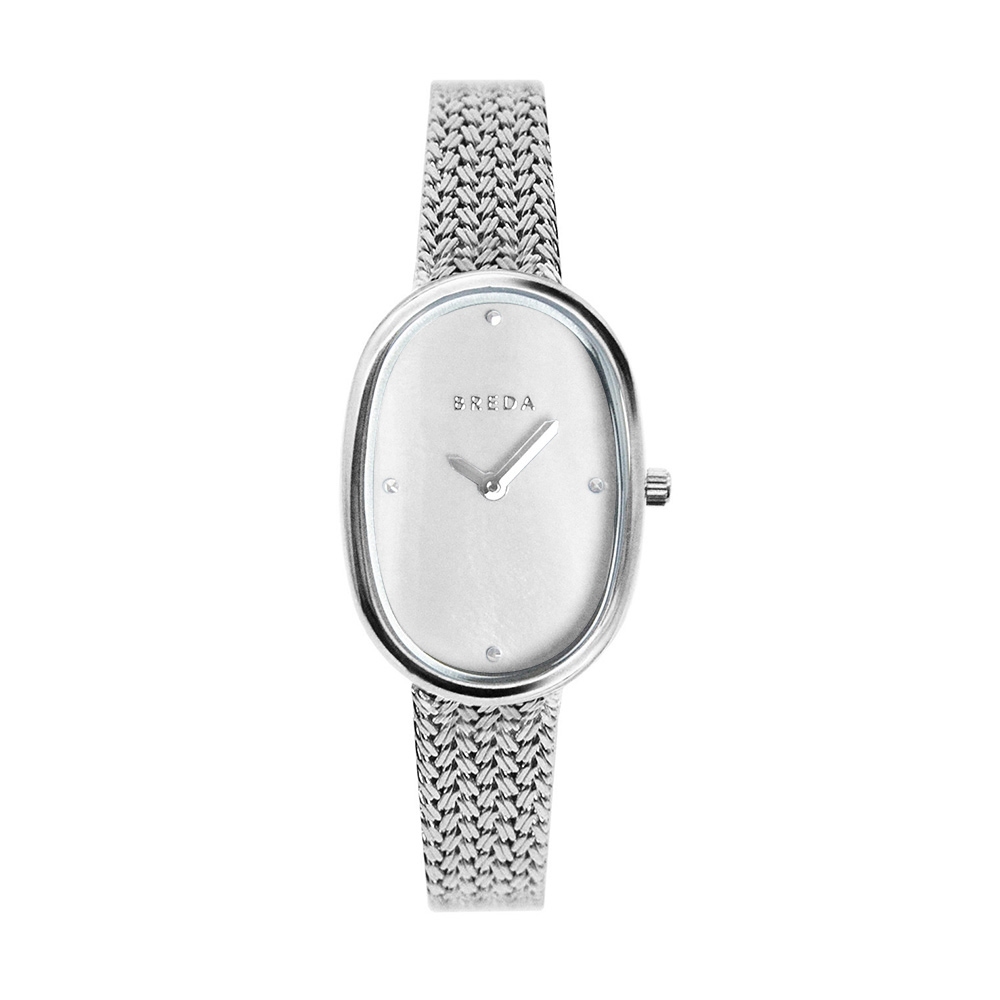 BREDA 美國設計師品牌女錶 | JANE系列 橢圓形銀殼 白色貝殼面 銀色編織不鏽鋼錶帶 女錶 手錶