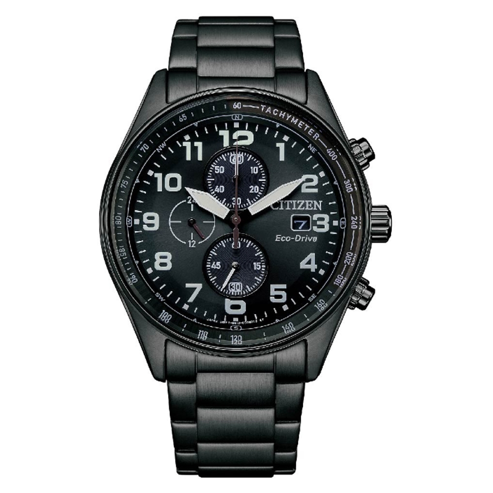 CITIZEN 星辰(CA0775-79E) Chronograph 光動能 碼錶計時三眼不鏽鋼腕錶-黑43mm