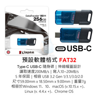 金士頓 USB隨身碟 256G TYPE-C USB-C FAT32 exFAT NTFS DT80M/256GB