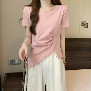胖胖美依 粉XL現 短袖上衣 上衣 T卹 中大尺碼S-XL夏裝不規則褶皺收腰短袖粉色純棉t卹1F120-1173.