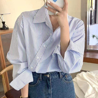 【Joybuy】法式寬鬆藍色條紋襯衫女春季設計感小眾高級感不規則長袖襯衣上衣 台灣出貨