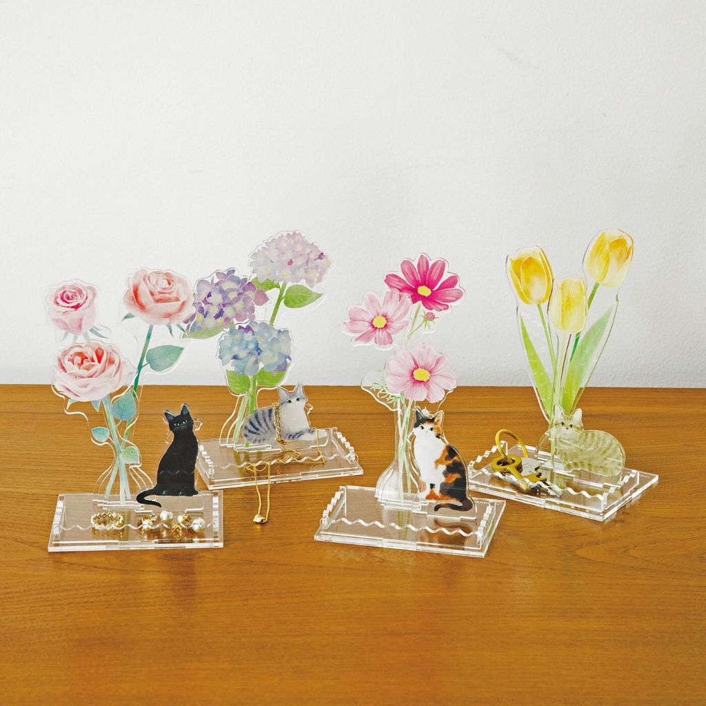 【預購】Felissimo 貓部 貓咪與花朵壓克力立板托盤 相框便條紙夾 玄關裝飾 書桌療癒小物