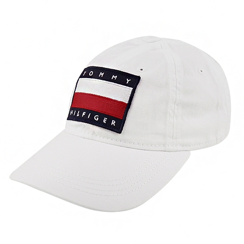 TOMMY HILFIGER-紅白藍繡線大旗標中性棒球帽(白色)