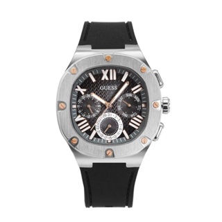 GUESS | 銀框 黑面 三眼日期顯示 圓角方型腕錶 黑色矽膠錶帶 男錶 手錶-GW0571G1