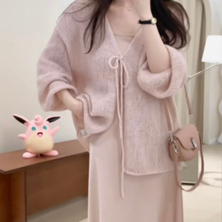 胖胖美依 針織衫 毛衣 上衣 早秋韓版寬鬆v領繫帶中長款通勤簡約百搭毛衣開衫外套1F022-1947.