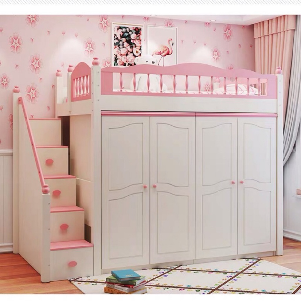 《絜榆品選》粉白衣櫃組合床 兒童 少女 高架梯櫃床 上下床 雙層床